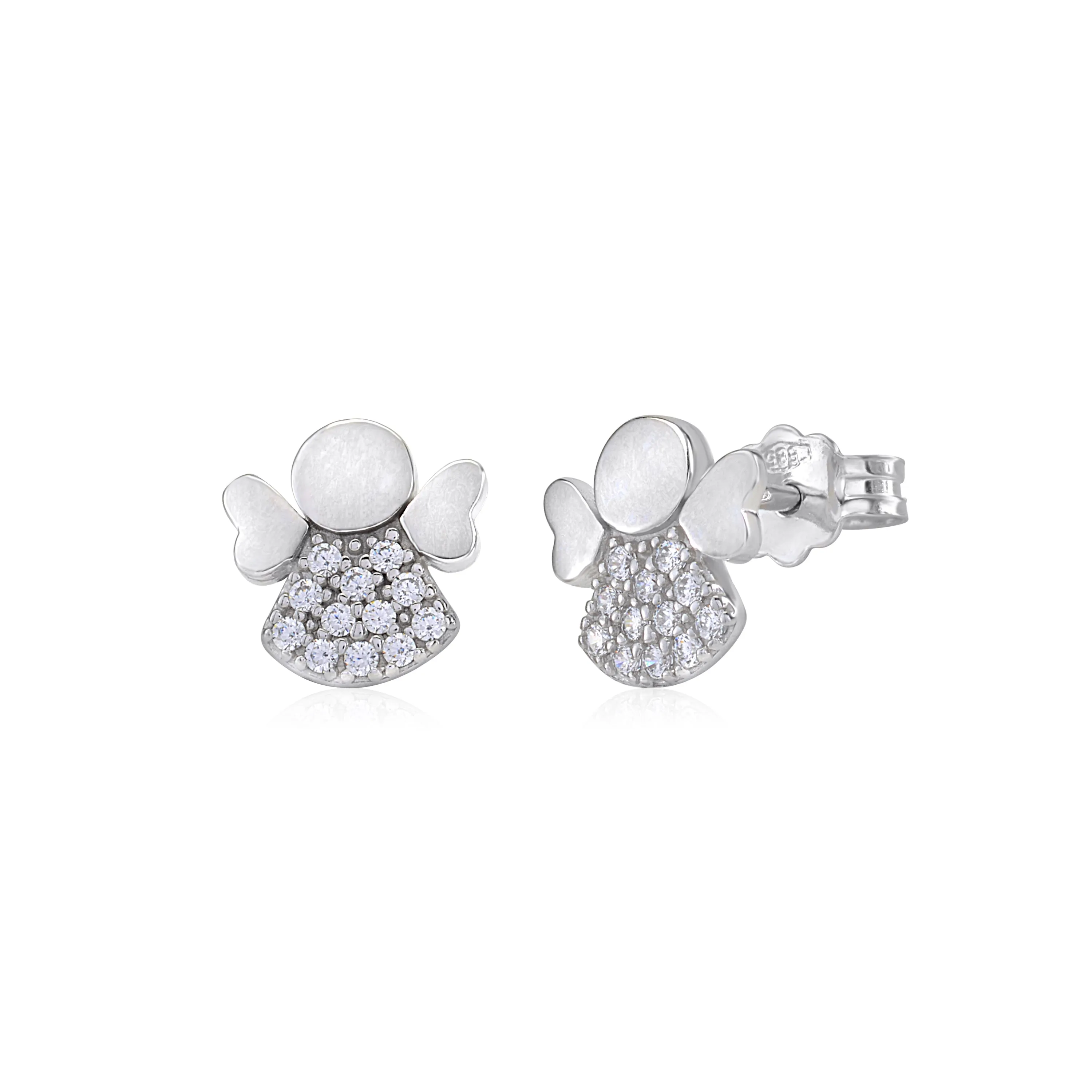 UNICORNJ Large Guardian Angel 14K White Gold Post Stud Earrings with CZ's and Heart-Shaped Wings - Italy