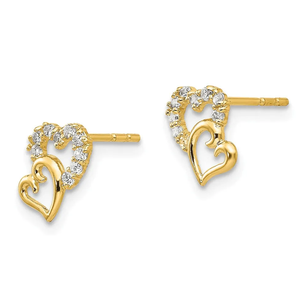 14k Yellow Gold & CZ Double Heart Post Earrings for Kids