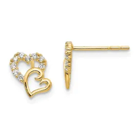 14k Yellow Gold & CZ Double Heart Post Earrings for Kids