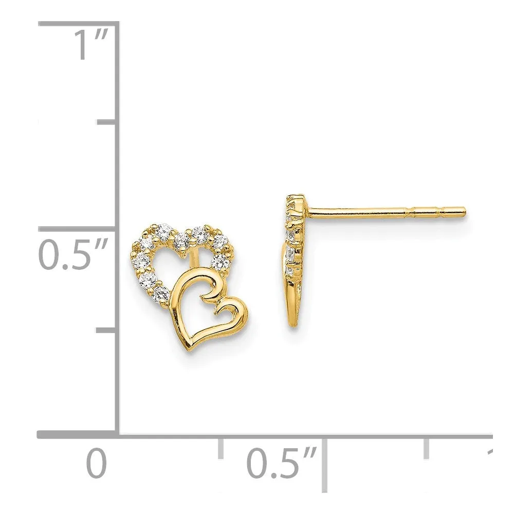 14k Yellow Gold & CZ Double Heart Post Earrings for Kids