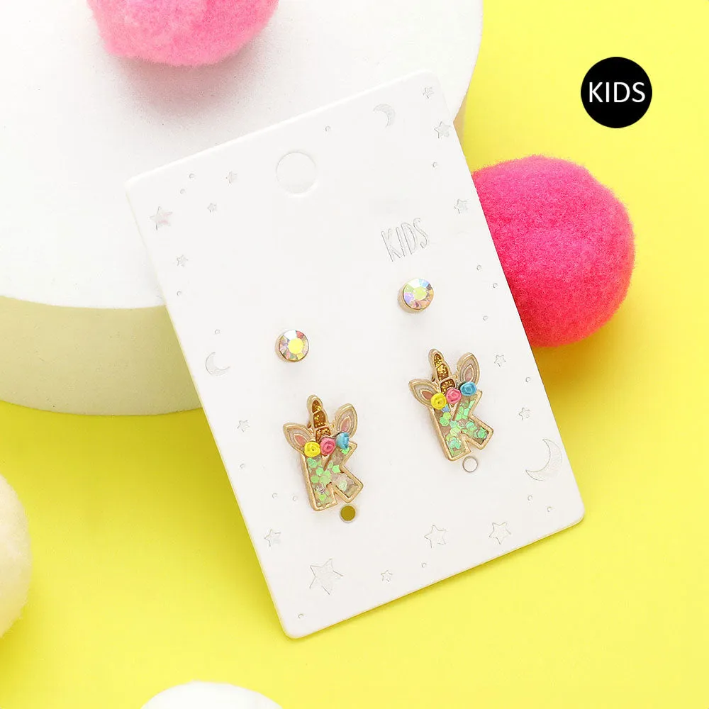 Kids Earrings Unicorn Monogram Stud Round Stone 2Pairs