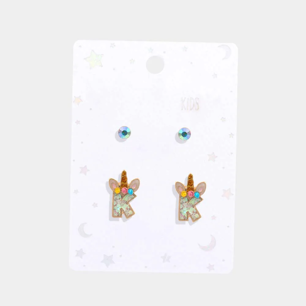 Kids Earrings Unicorn Monogram Stud Round Stone 2Pairs