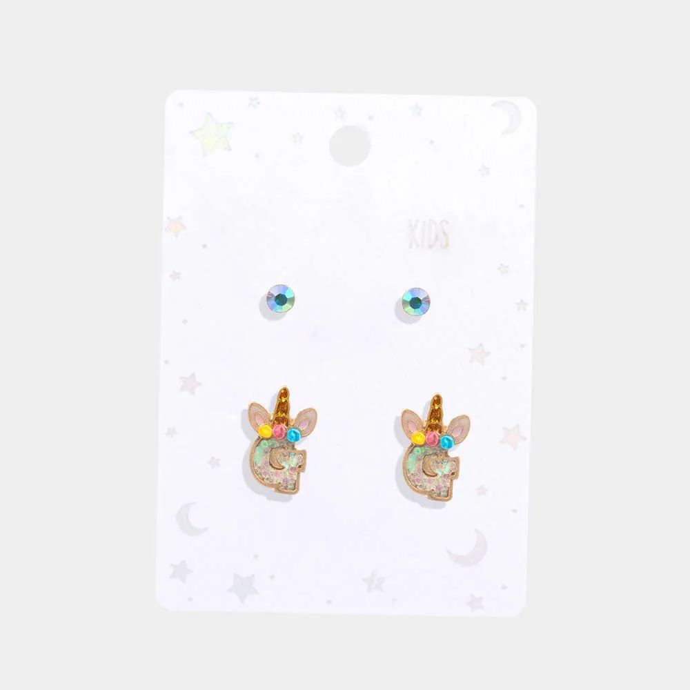 2Pairs Unicorn Monogram Stud Kids Earrings