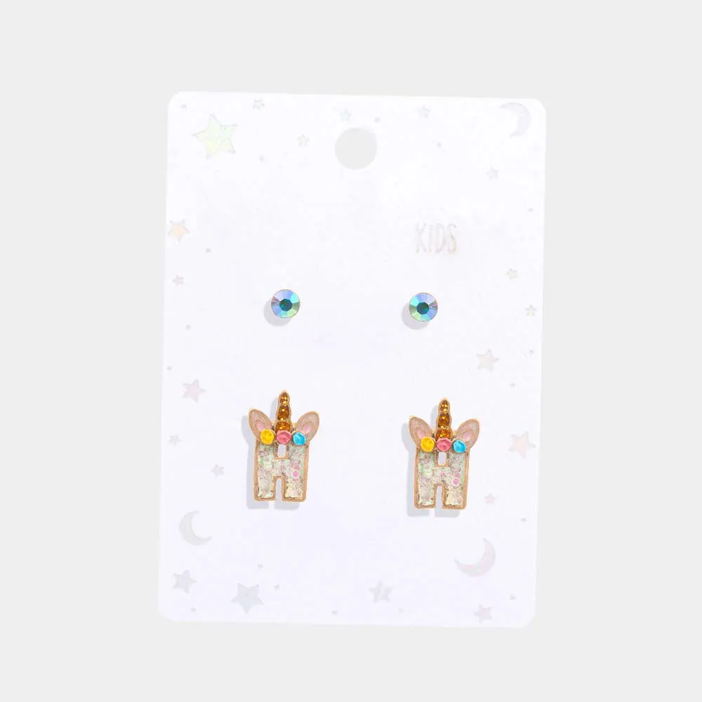 Kids Unicorn Monogram Stud Earrings Set