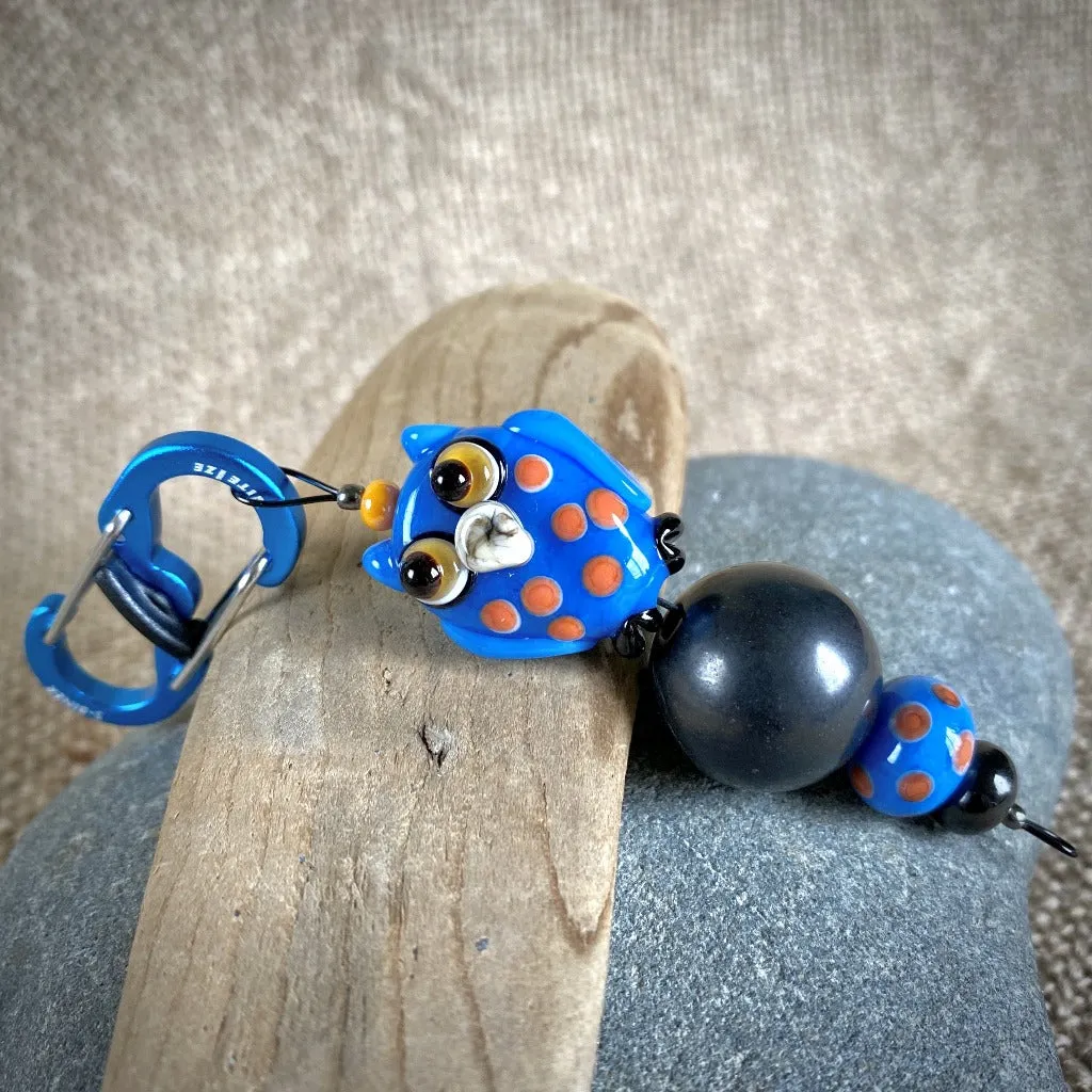 Shungite Owl Clip-on Blue Orange Lampwork Glass Bead