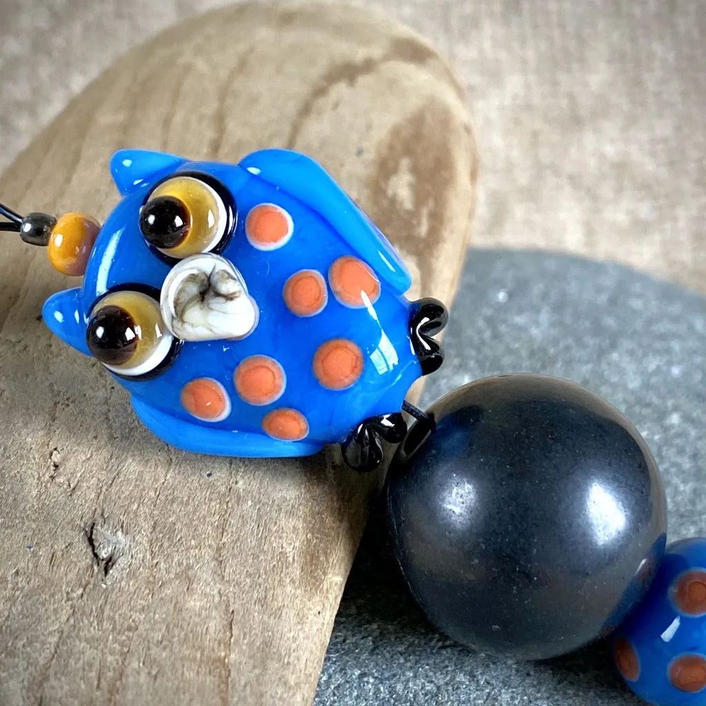 Shungite Owl Clip-on Blue Orange Lampwork Glass Bead