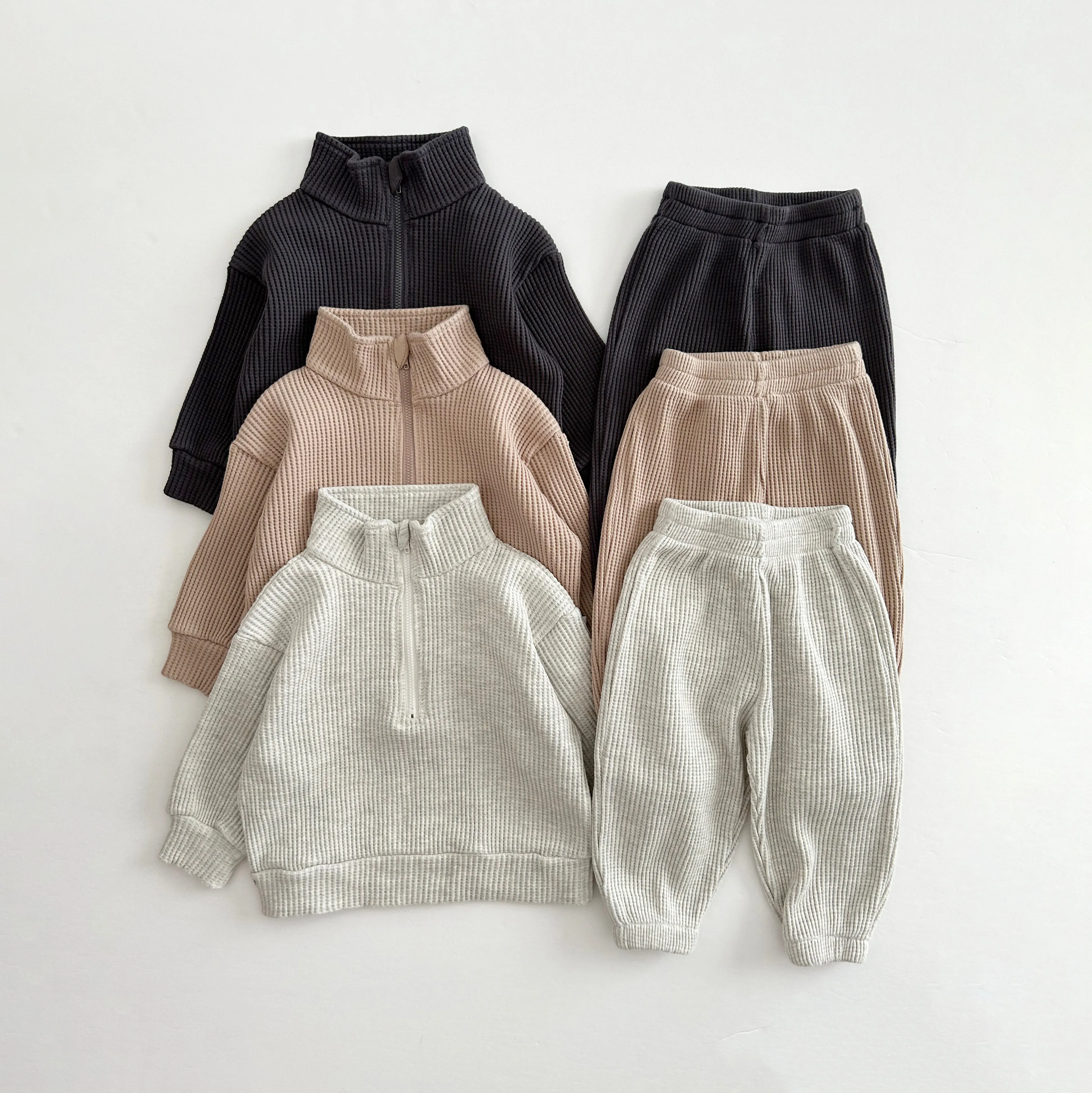 [At Noon Original Design] Kids Half-Zip Waffle Top and Jogger Pants Set (6m-7y) - 3 Colors