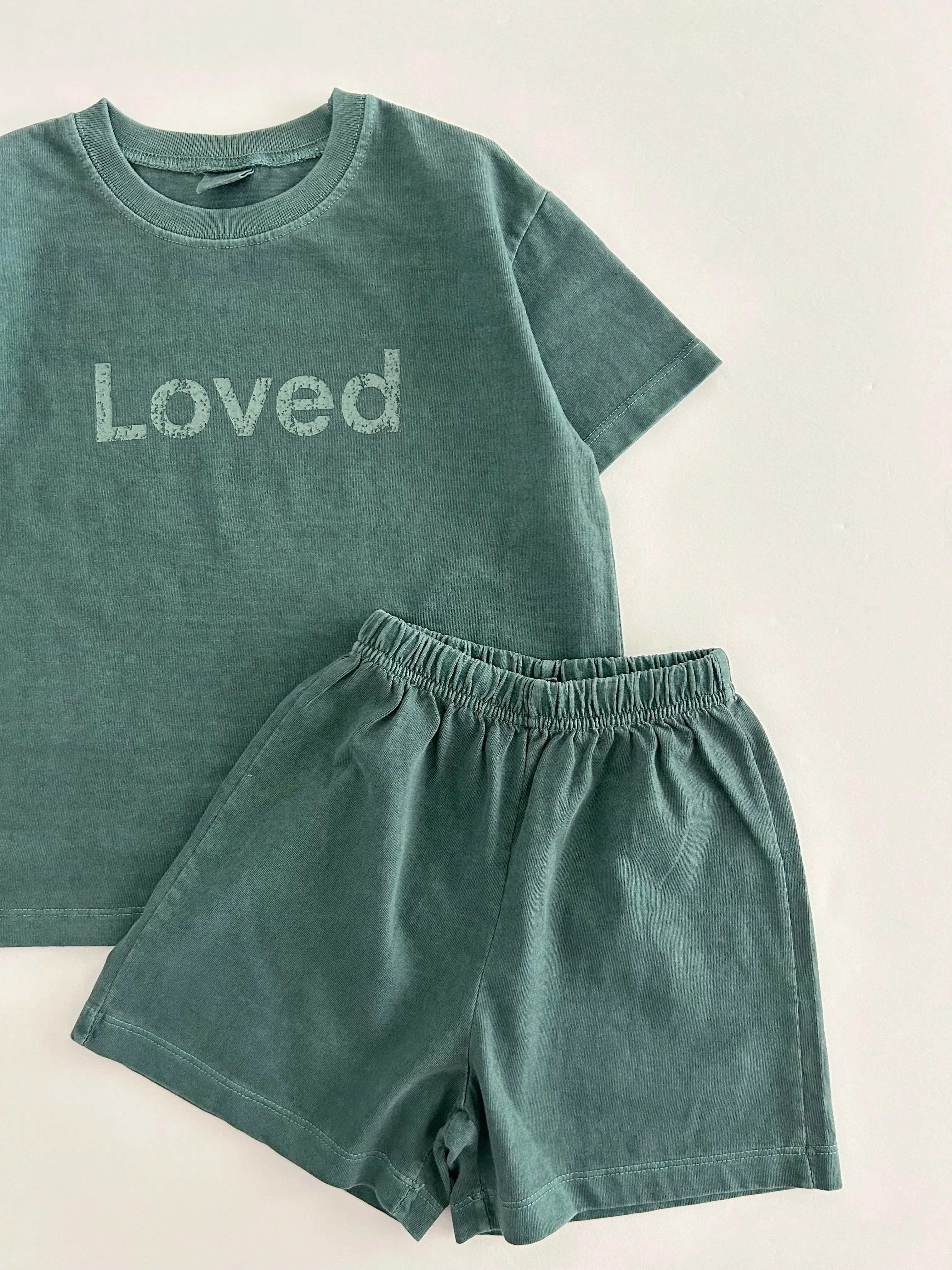 [At Noon Original Design] Kids Loved Garment-Dyed T-Shirt and Shorts Set (6m-7y) - 4 Colors