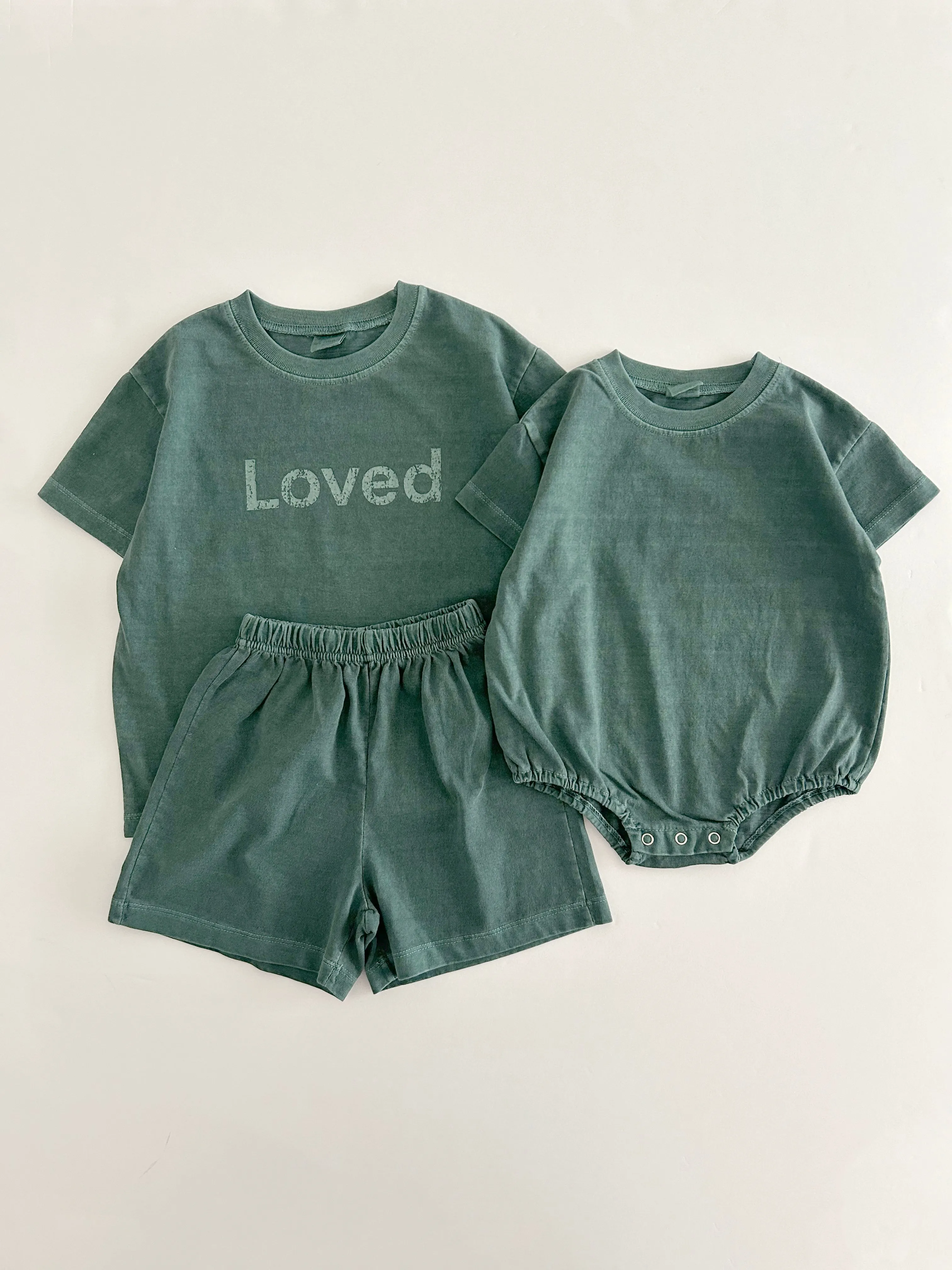 [At Noon Original Design] Kids Loved Garment-Dyed T-Shirt and Shorts Set (6m-7y) - 4 Colors