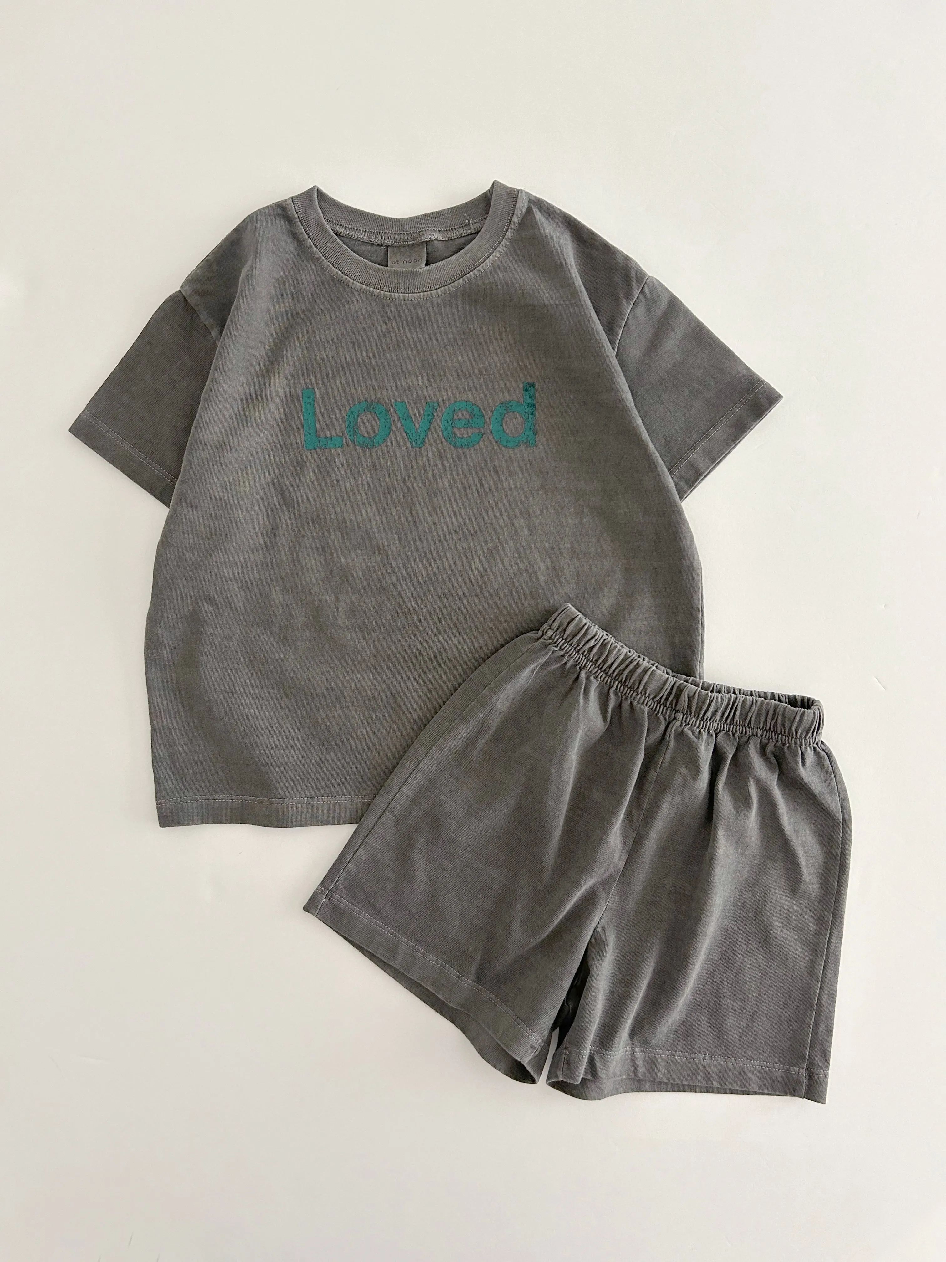 [At Noon Original Design] Kids Loved Garment-Dyed T-Shirt and Shorts Set (6m-7y) - 4 Colors