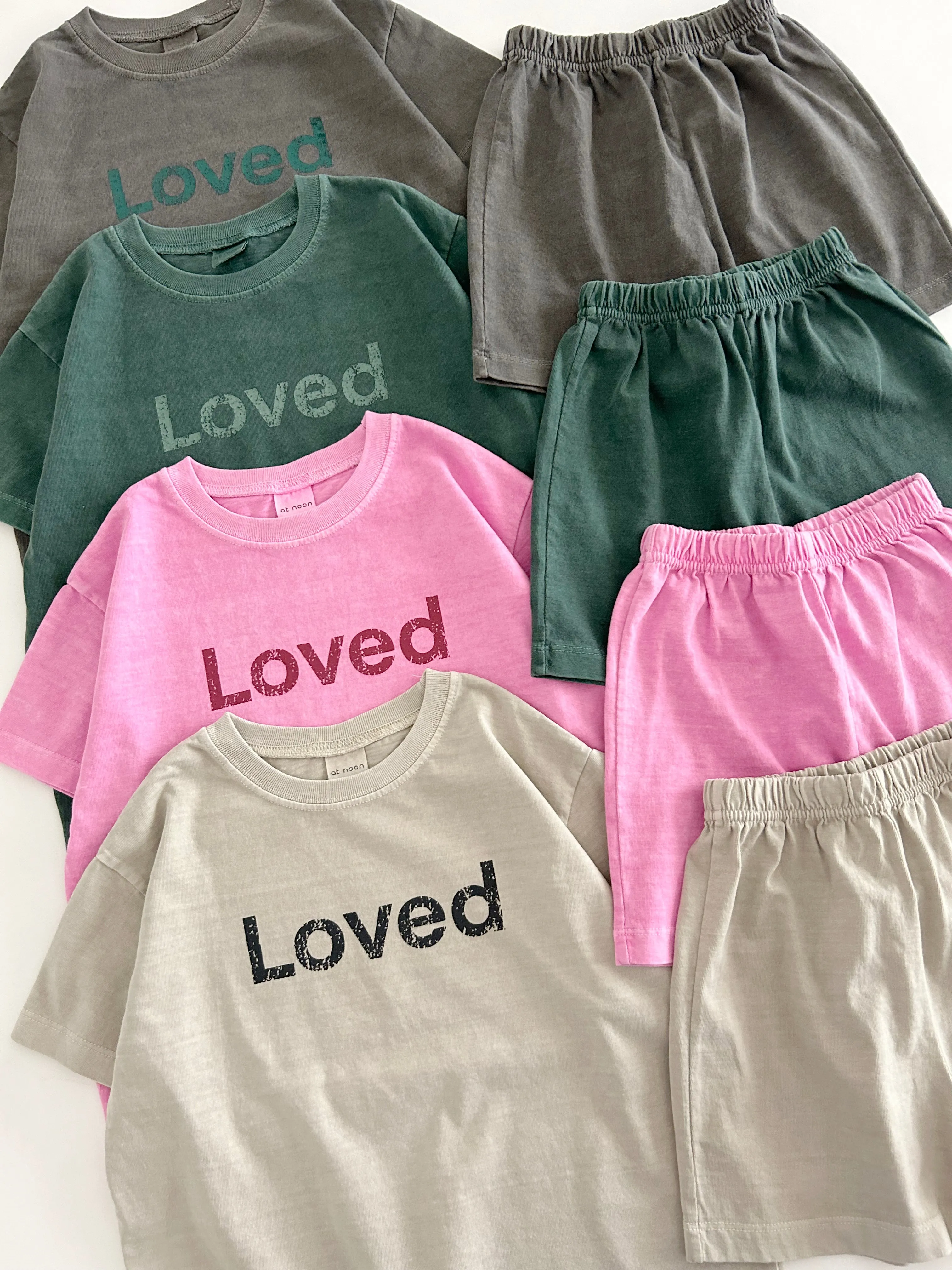 [At Noon Original Design] Kids Loved Garment-Dyed T-Shirt and Shorts Set (6m-7y) - 4 Colors