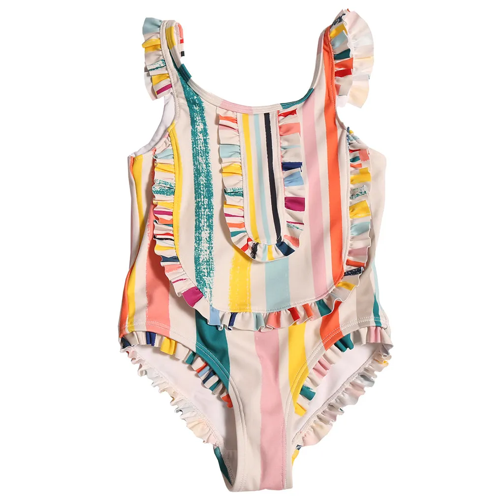 Rainbow Stripes Kids Marina Ruffle Swimsuit by Tia Cibani