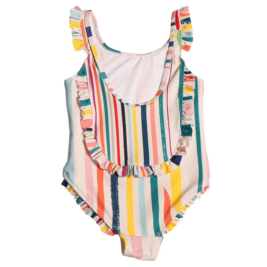 Rainbow Stripes Kids Marina Ruffle Swimsuit by Tia Cibani