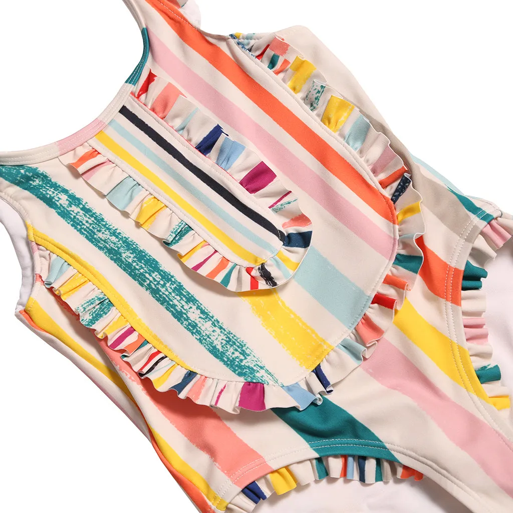 Rainbow Stripes Kids Marina Ruffle Swimsuit by Tia Cibani