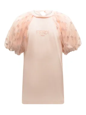 Fendi Kids Logo Embroidered Tulle-Sleeved Blouse