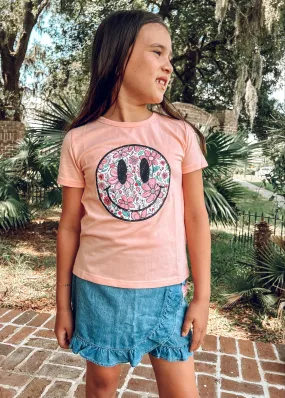 Floral Smiley Print T-Shirt in Peach