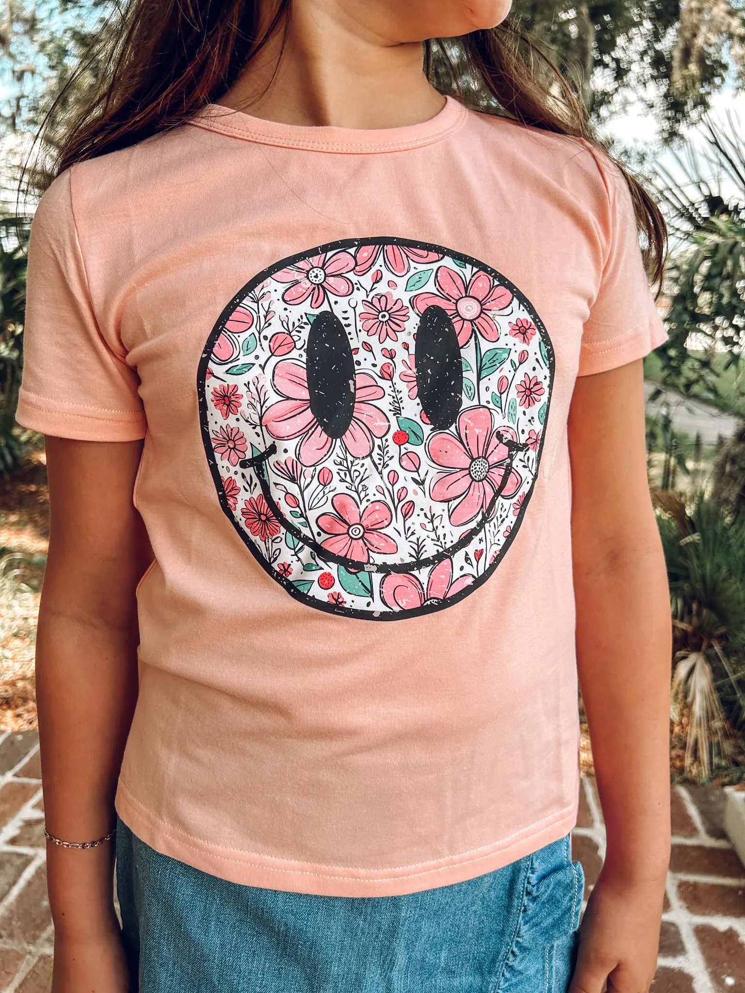 Floral Smiley Print T-Shirt in Peach