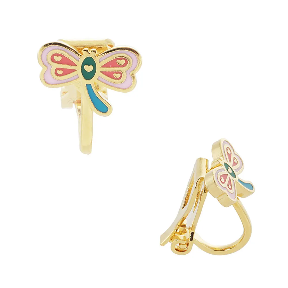 Gold Dipped Enamel Dragonfly Clip Kids Earrings