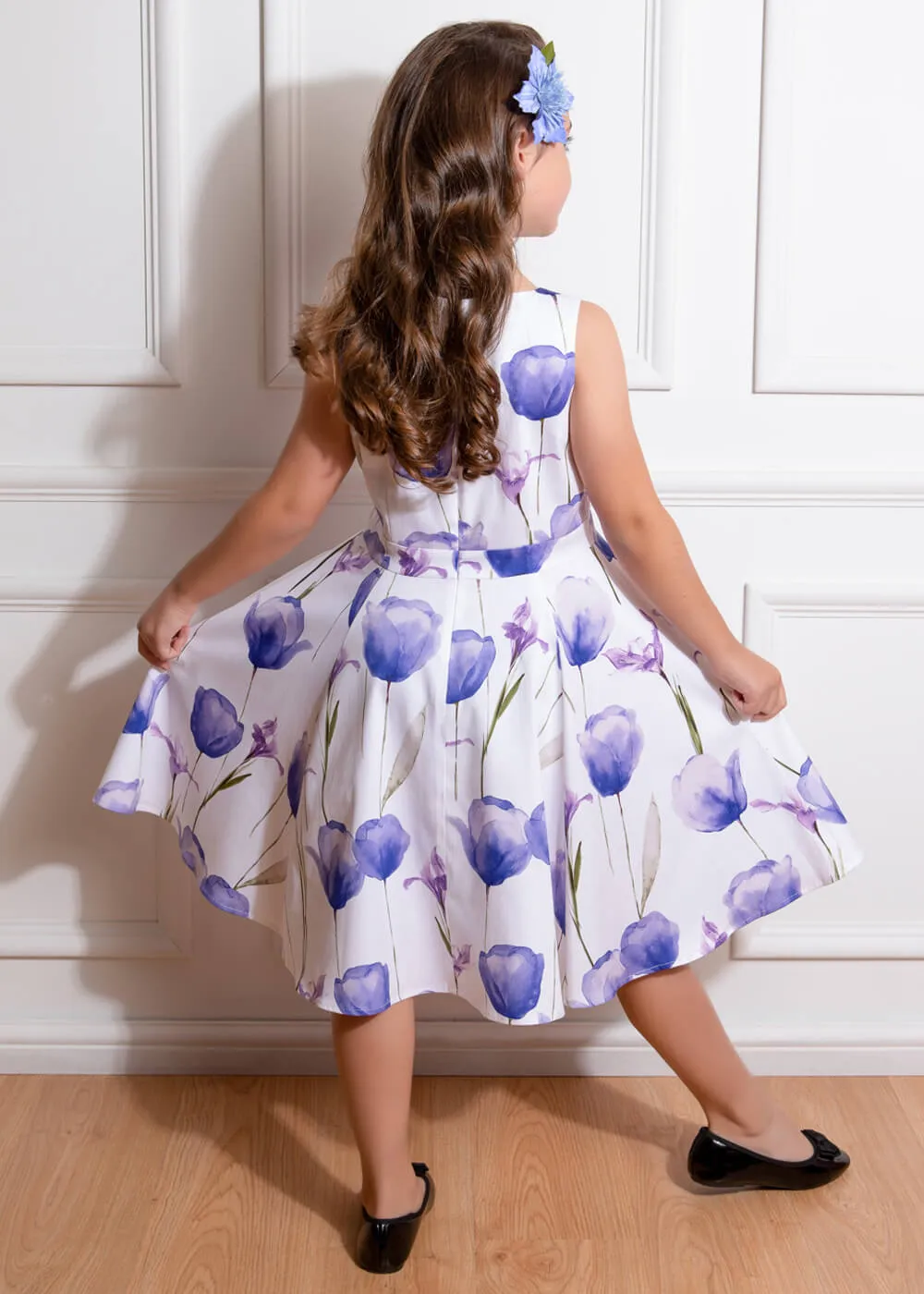 White and Blue Floral Swing Dress for Kids from Hearts & Roses