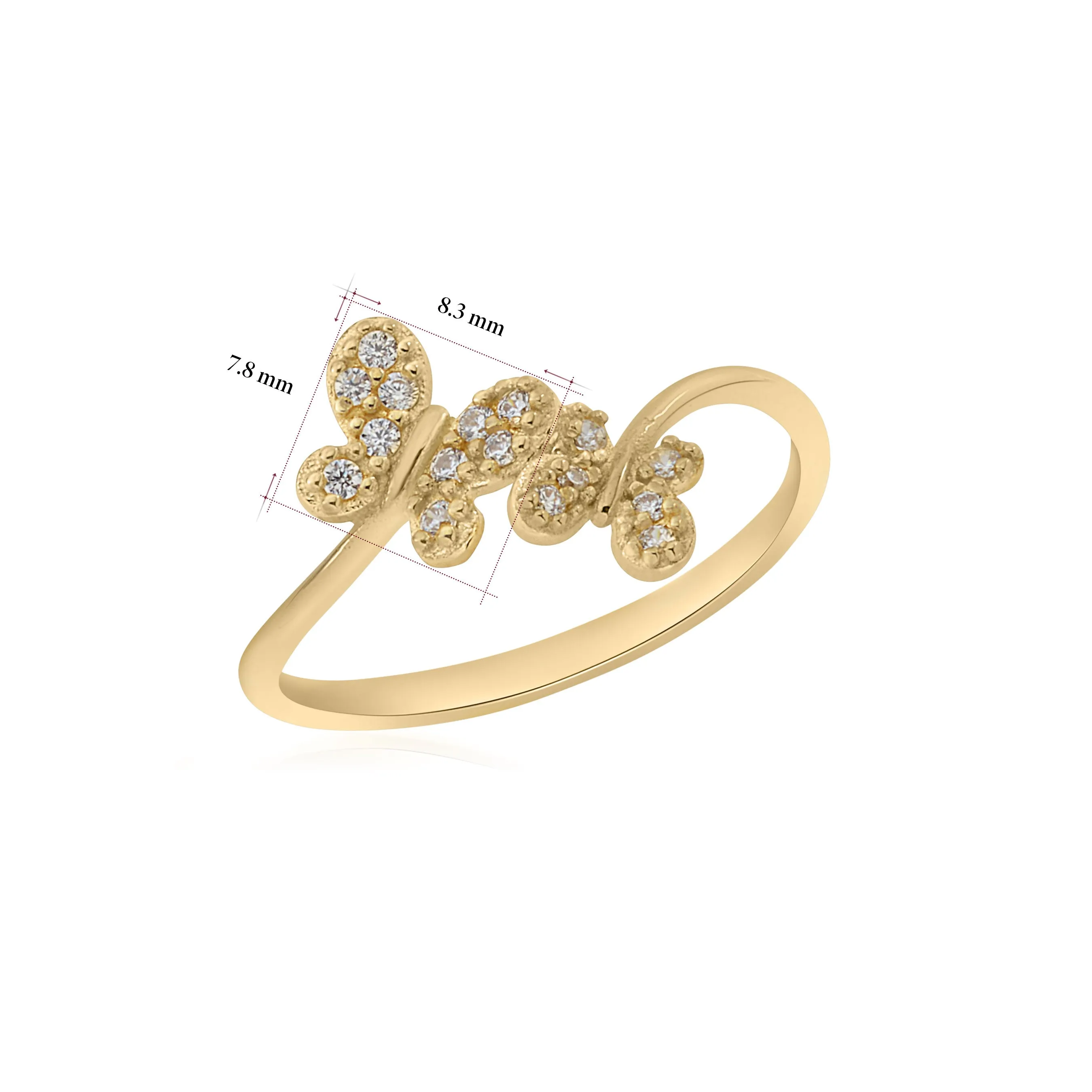 UNICORNJ 14K Yellow Gold Double Butterfly CZ Bypass Ring from Italy