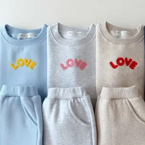 Kids Brushed Fabric 'LOVE' Chenille Embroidered Patch Sweatshirt & Jogger Pants Set (1-7y) - 3 Colors