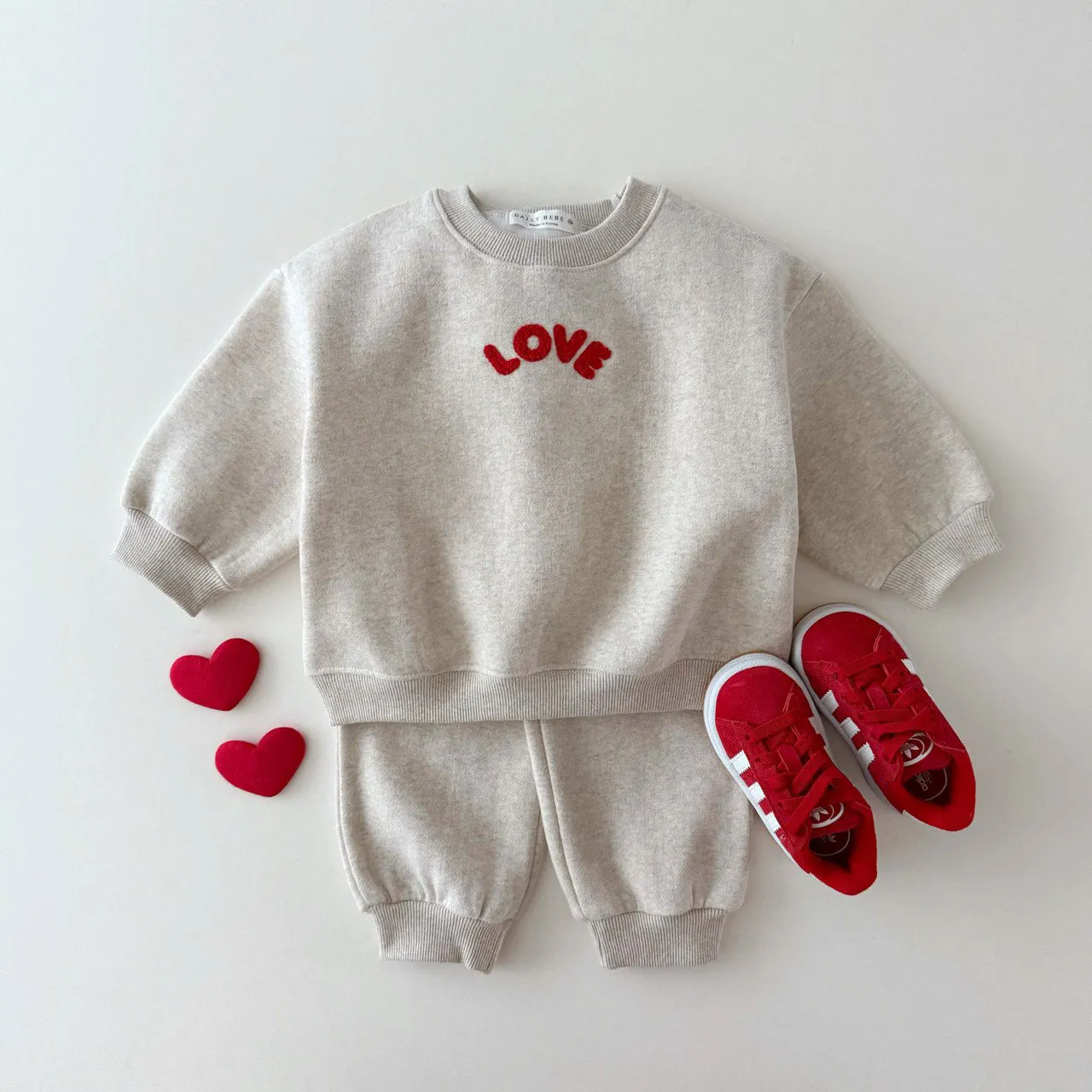 Kids Brushed Fabric 'LOVE' Chenille Embroidered Patch Sweatshirt & Jogger Pants Set (1-7y) - 3 Colors