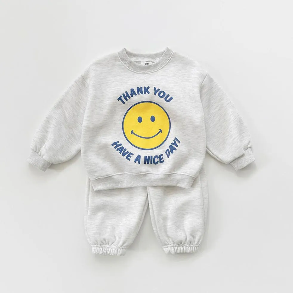 Kids Brushed Warm Fabric Thank You Smile Sweatshirt and Jogger Set (2-8y) - 2 Colors