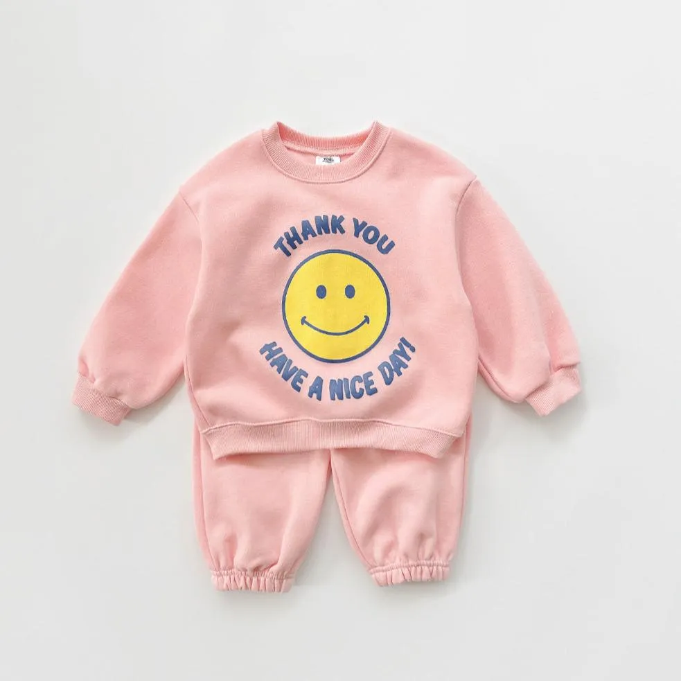 Kids Brushed Warm Fabric Thank You Smile Sweatshirt and Jogger Set (2-8y) - 2 Colors