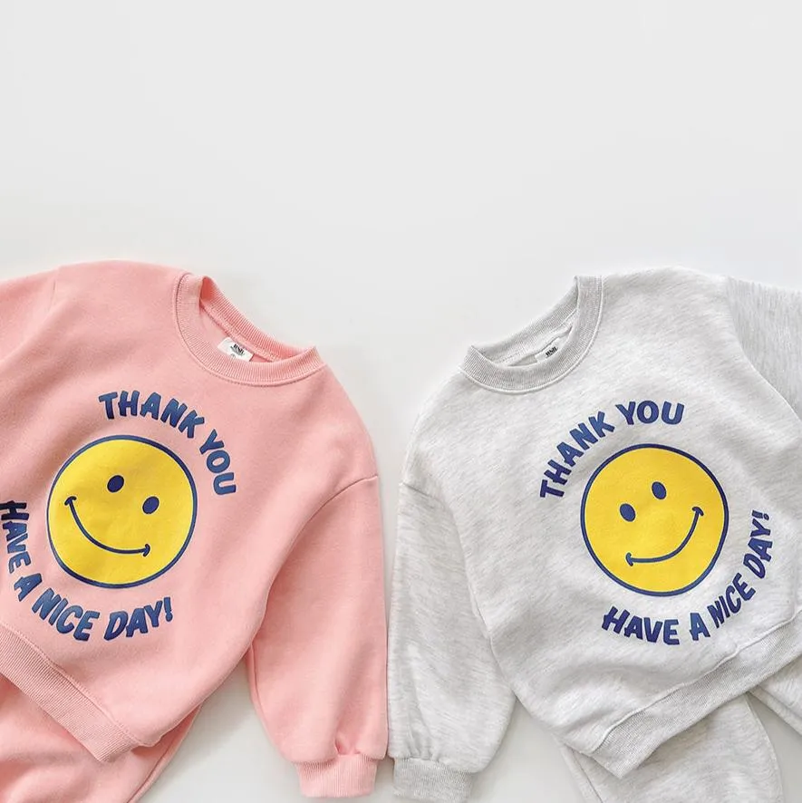 Kids Brushed Warm Fabric Thank You Smile Sweatshirt and Jogger Set (2-8y) - 2 Colors