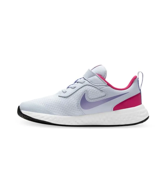 nike revolution 5 (ps) kids football grey purple pulse fireberry