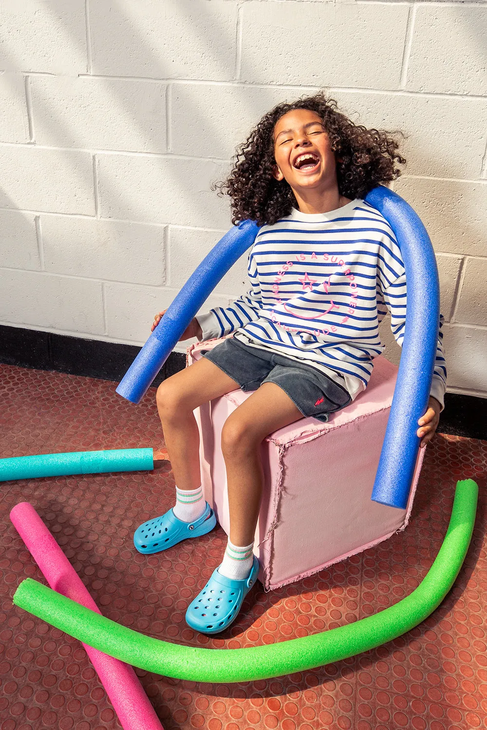 Kids Ivory with Bright Blue Stripe and Smiley Slogan Oversized Sweatshirt