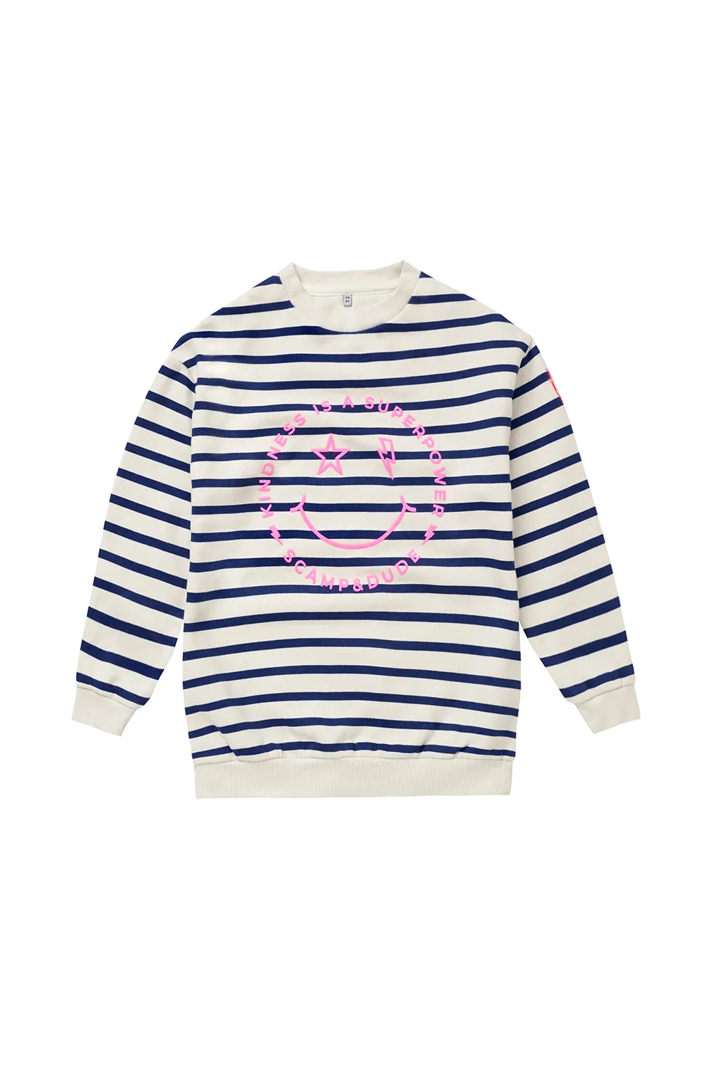 Kids Ivory with Bright Blue Stripe and Smiley Slogan Oversized Sweatshirt