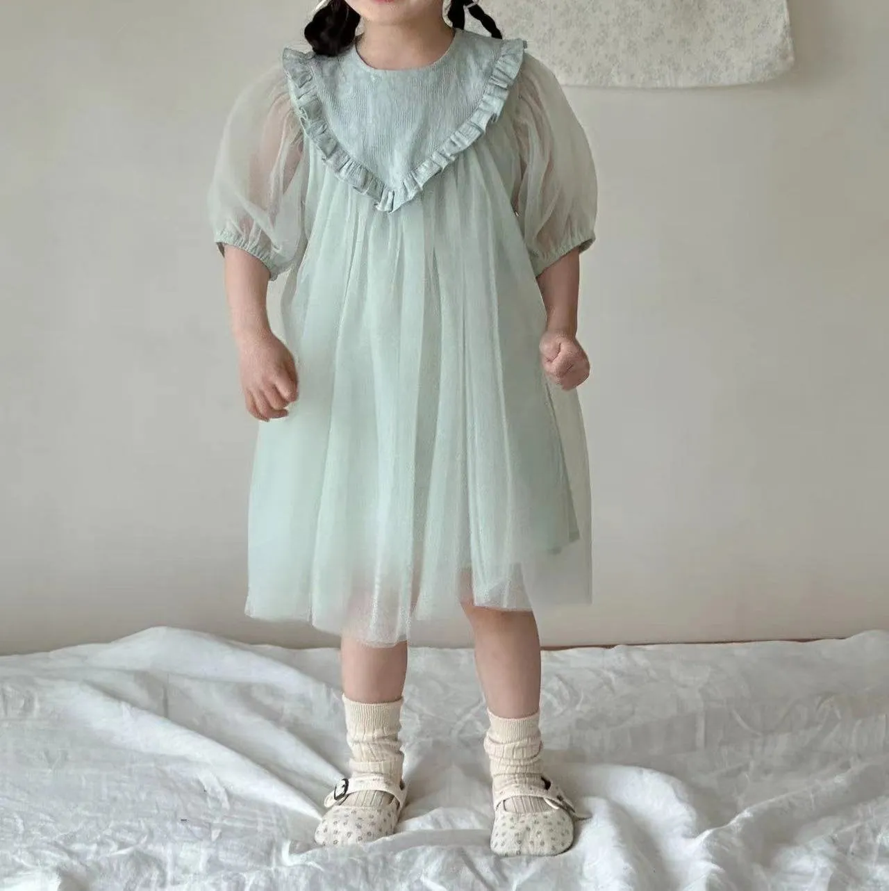 Kids Ruffle Yoke Puff Sleeve Tulle Dress  (2-6y) - Mint