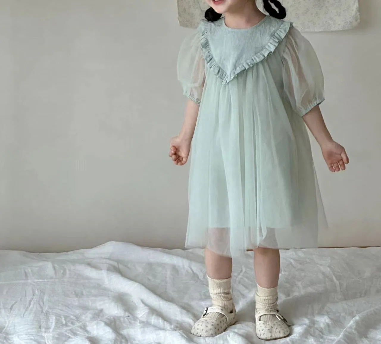 Kids Ruffle Yoke Puff Sleeve Tulle Dress  (2-6y) - Mint