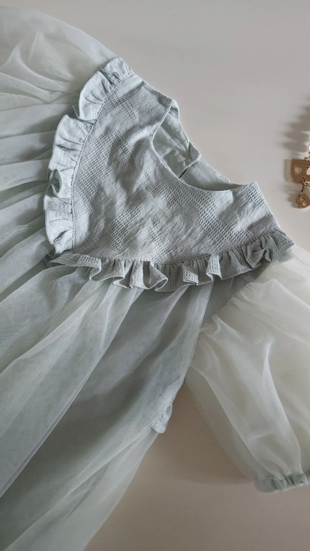 Kids Ruffle Yoke Puff Sleeve Tulle Dress  (2-6y) - Mint