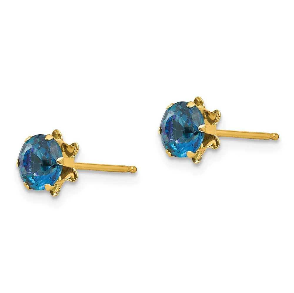 Kids 14K Yellow Gold Stud Earrings with 5mm Synthetic Blue Topaz Birthstone