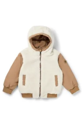 Kids' reversible hooded jacket in twill and sherpa fleece