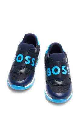 Kids' trainers in leather and mesh with branded strap