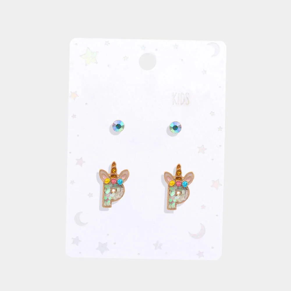 iLLASPARKZ 2 Pairs - P Round Stone Unicorn Monogram Stud Children's Earrings