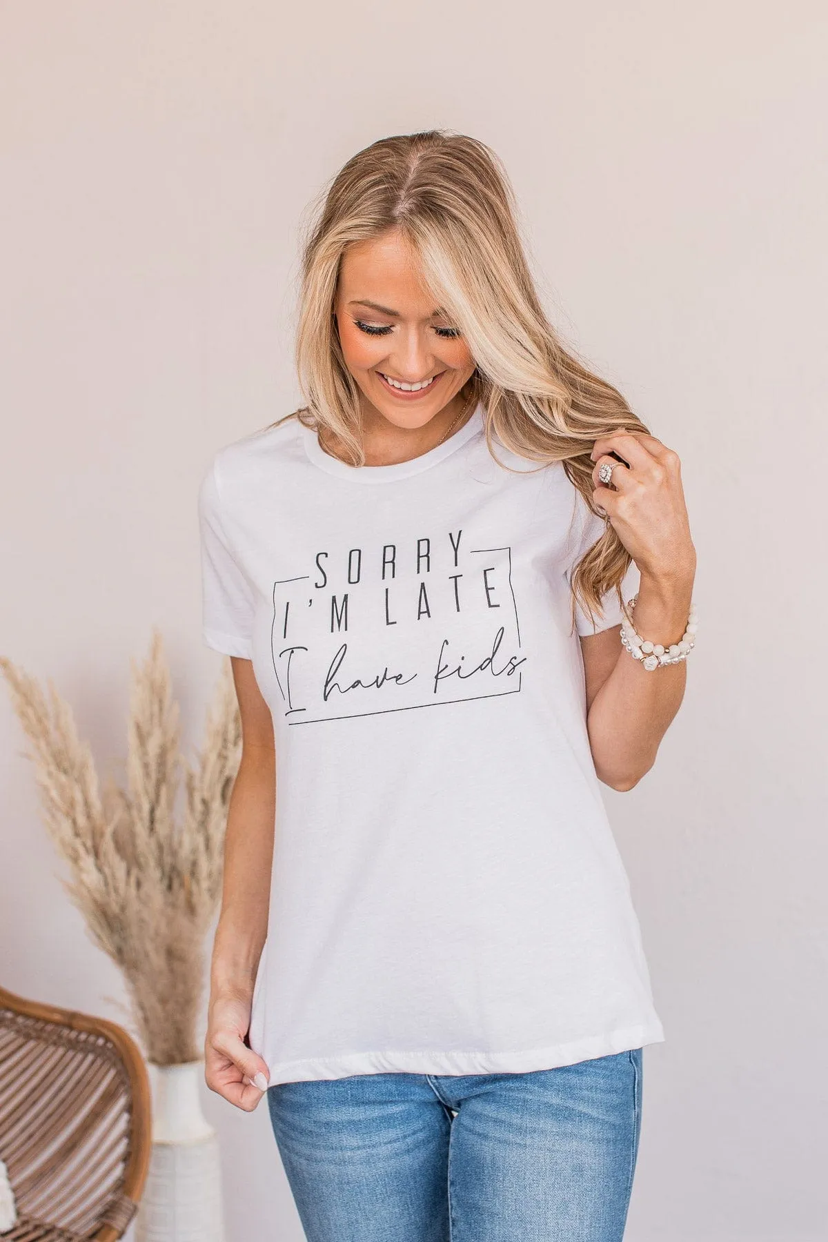 White Graphic Tee Saying Sorry I'm Late, I Have Kids