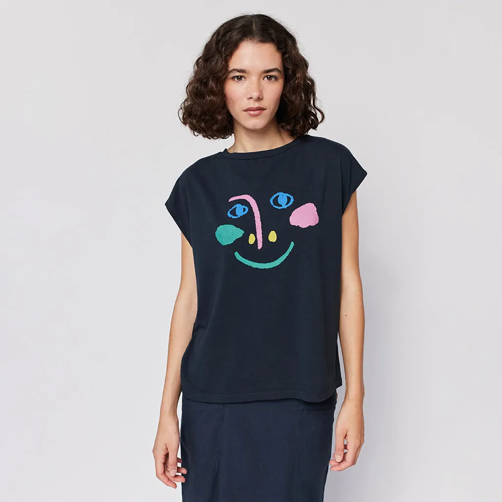 Midnight Blue Bobo Choses Loose T-shirt with Woman Smiling Mask