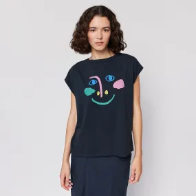 Midnight Blue Bobo Choses Loose T-shirt with Woman Smiling Mask