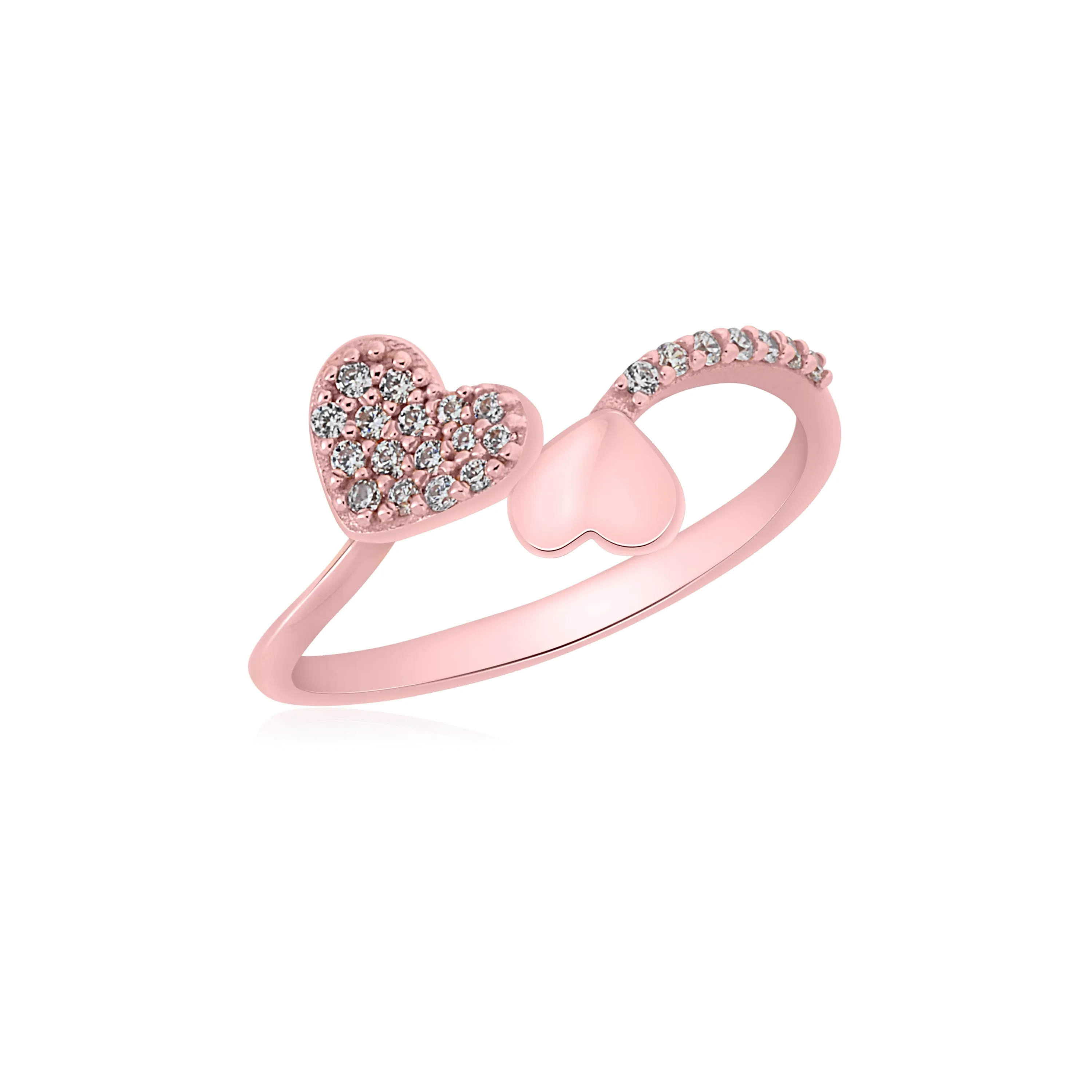 14K Rose Gold Double Heart Pave CZ and Polished Bypass Ring - Italian Designed