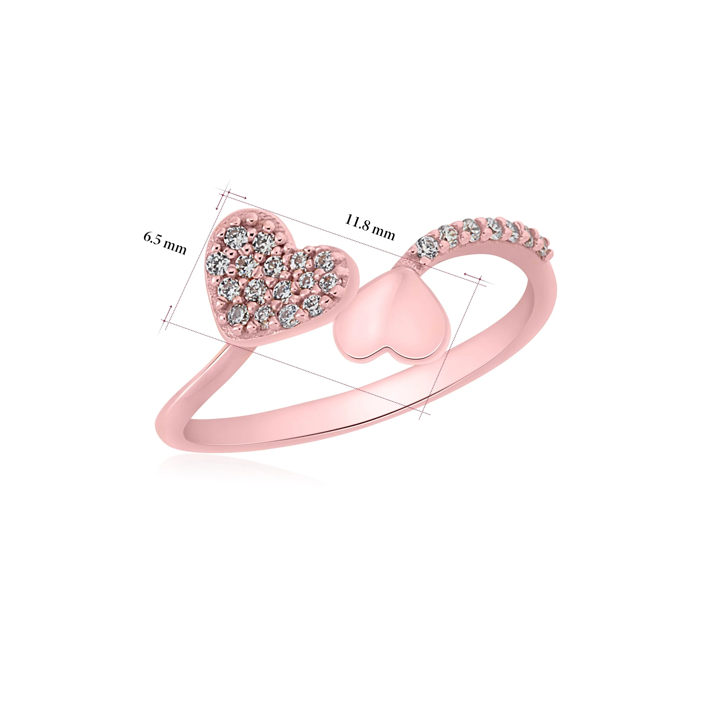 14K Rose Gold Double Heart Pave CZ and Polished Bypass Ring - Italian Designed