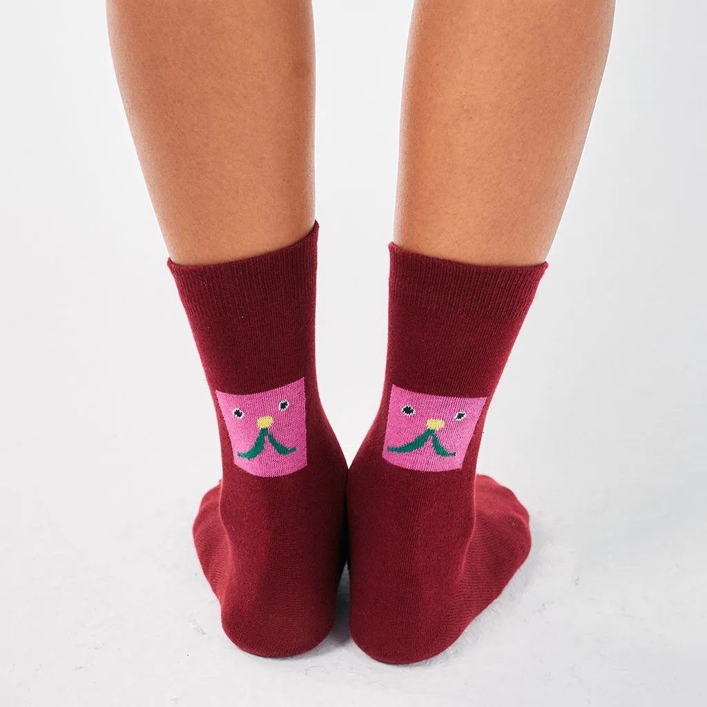 Abstract Cat Smile Burgundy Red Socks for Adults