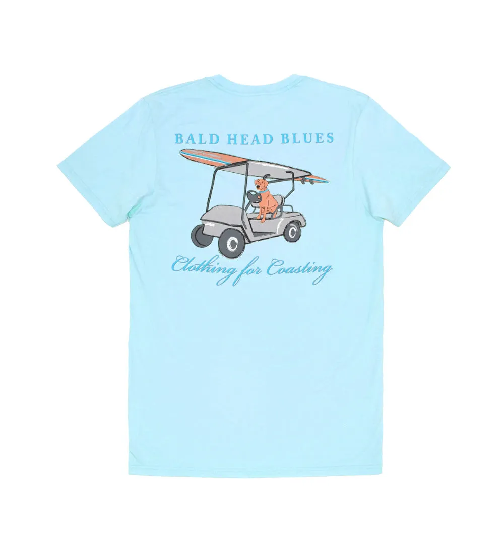 Youth Short Sleeve Light Blue Island Tee with Dog in Cart